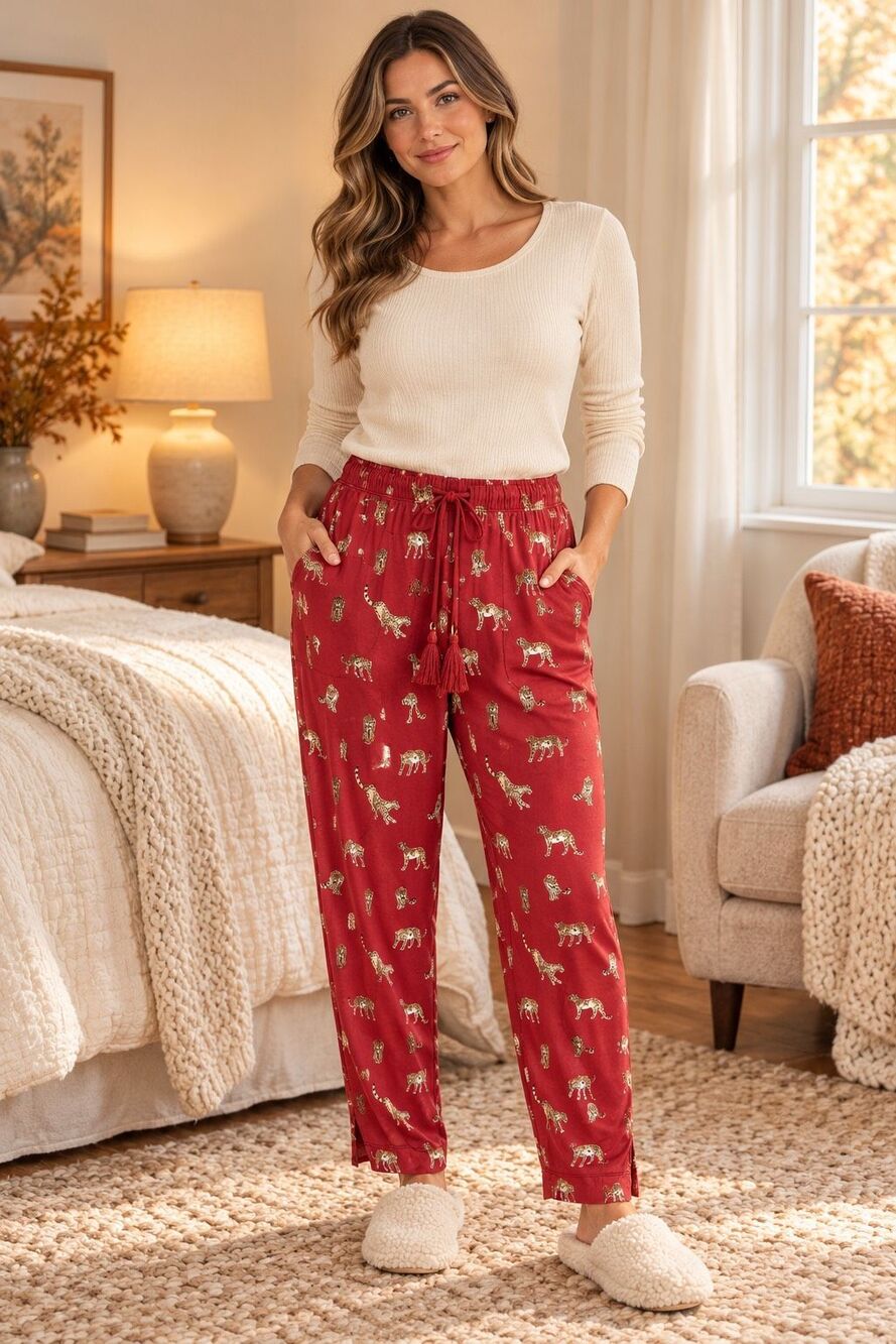 Soma Women's Cool Nights Printed Leopard Drawstring Pajama Pants Red S NEW